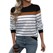 Womens Long Sleeve Striped Shirt Colorblock Tee Crew Neck Casual Tops Heart Black L