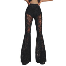 Damen Schlaghose mit Blumenspitze, Transparentem Netzstoff, Elastische, Hohe Taille, Lange Hose Schwarz L