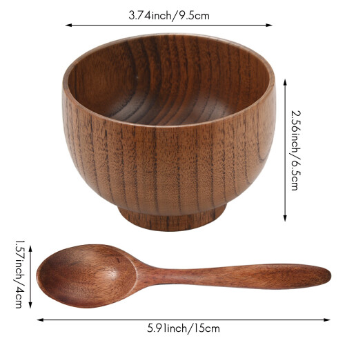 8 Pieces Wooden Handmade Bowl and Spoon for For Rice Miso Serving Home Kitchen Tableware 2