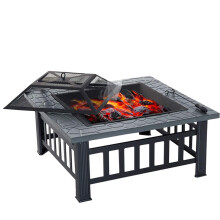 Multifunction Outdoor Fire Pit with Removable Grill Shelf, Square Metal Table for Garden Patio Heating
