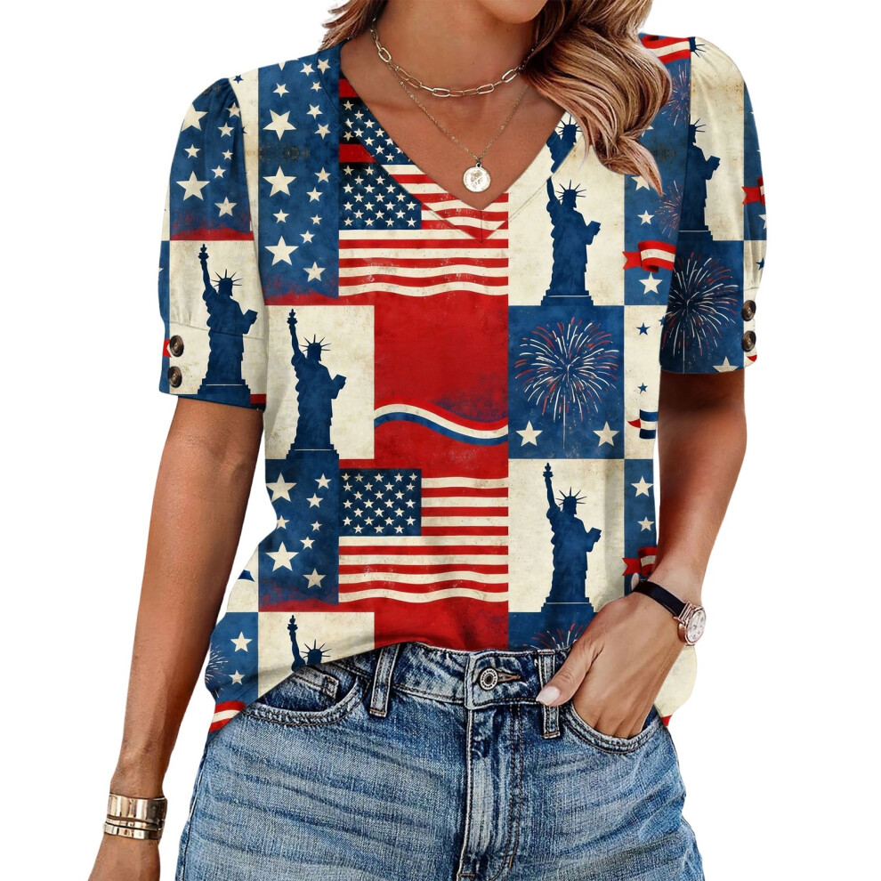 Blue Women's American Flag T-Shirt July 4Th Commemorative- L