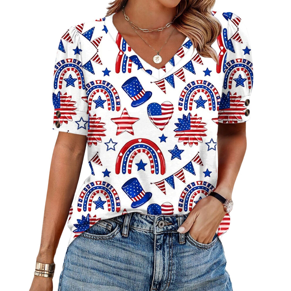 Beige Women's American Flag T-Shirt July 4Th Commemorative- M