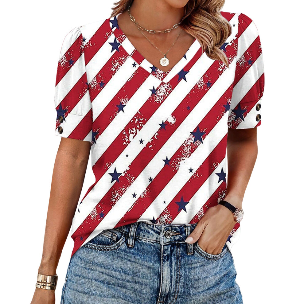 Red Women's American Flag T-Shirt July 4Th Commemorative- Xxl