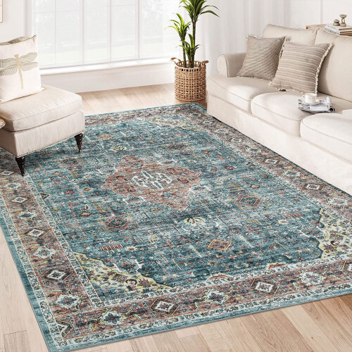 Vintage Persian Area Rug 4 ft x 6 ft Low-Pile Polyester