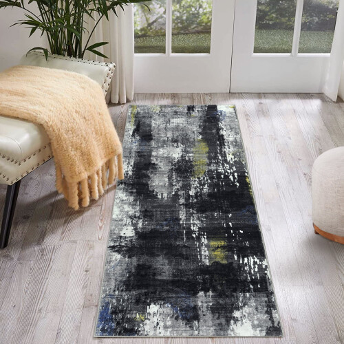 Abstract runner rug indoor non-slip 2x8 ft black