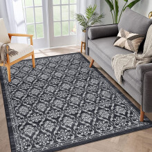 Vintage Oriental Floral Distressed Rug Gray Black 4' x 6'