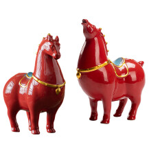Rote Porzellan-Pferdestatue Aus der Tang-Zeit, Teetier, Glückspferd, Tierskulptur, Feng-Shui-Dekoration für Zuhause, 2-Teilig für das Wohnzimmer