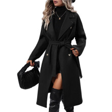 Damen Zweireihiger Fleece-Trenchcoat Mittellanger Wintermantel Aus Wollmischung Elegantes Outfit Schwarz M