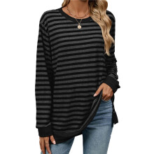 Womens Casual Striped Long Sleeve Shirt Trendy Crew Neck Slim Loose Fit Basic Blouses Tops Dark Gray Black L