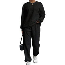 Women'S Sweatsuit 2 Piece Outfit, Plain Oversized Crewneck Sweatshirt and Sweatpants Set, Pullover Lounge Sets Black XL