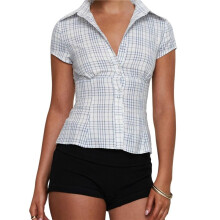 Women Y2k Short Sleeve Button Shirt Lapel Collar V Neck Plaid Open Front Blouse Casual T-Shirt Light S