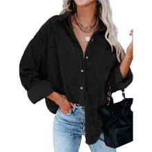 Womens Corduroy Button Down Shirts Boyfriend Long Sleeve Oversized Blouses Tops Black XL