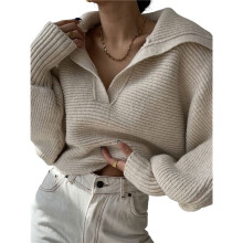 Women Long Sleeve Sweaters Oversized Stretch Fitted Pullover Sweater Ribbed Solid Color Knit Jumper Tops Apricot S