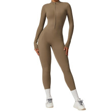 Dames Lange Mouwen Workout Jumpsuit met Rits, Romper, Broek, Bodycon Kameelbruin M