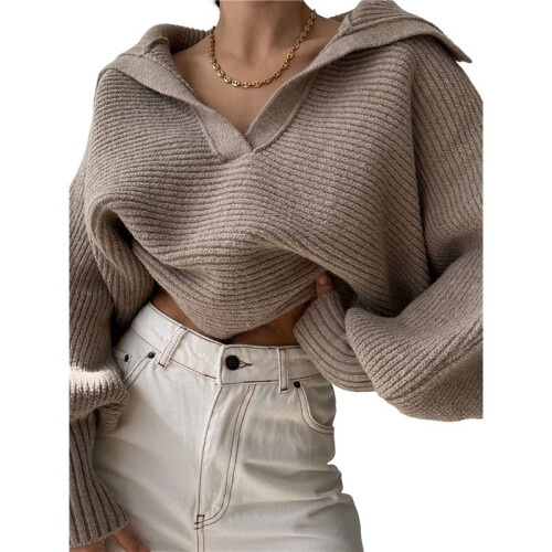Women Long Sleeve Sweaters Oversized Stretch Fitted Pullover Sweater Ribbed Solid Color Knit Jumper Tops Khaki L
