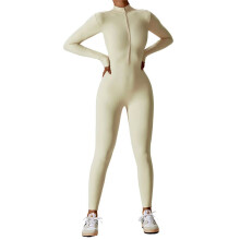 Dames Lange Mouwen Workout Jumpsuit met Rits, Romper, Broek, Bodycon Havermout Abrikoos L