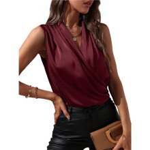 Elegante Satijnen Wikkeltop met V-Hals en Mouwloos Tanktopje voor Dames Wijn Rood XL