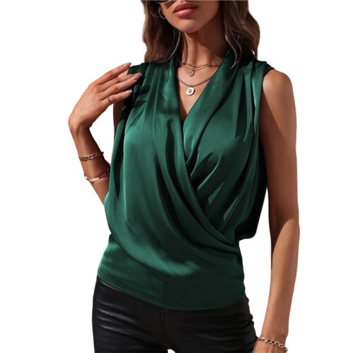 Blusa Regata Feminina Elegante de Cetim com Decote em V e Sem Mangas Verde L
