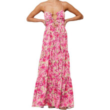 Summer Floral Sundress for Women Spaghetti Straps Hollow Out Tie Front Maxi Dress Flowy Smocked Bohemia- Dress S