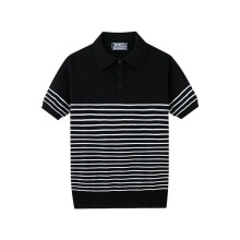 Herren-Strickoberteile, Kurzärmlig, Gestreiftes Golfhemd, Leichtes, Lässiges T-Shirt mit Kragen Schwarz M
