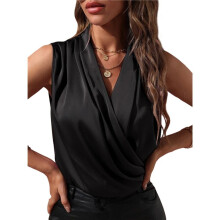Elegante Satijnen Wikkeltop met V-Hals en Mouwloos Tanktopje voor Dames Zwart XL