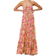Summer Floral Women Spaghetti Straps Hollow Out Tie Front Maxi Dress Flowy Smocked Bohemia- Dress Orange L