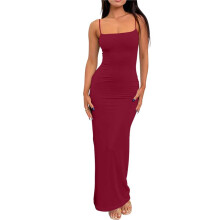 Womens Summer Casual Slip Dresses Spaghetti Strap Bodycon Maxi Dress Wine Red XS