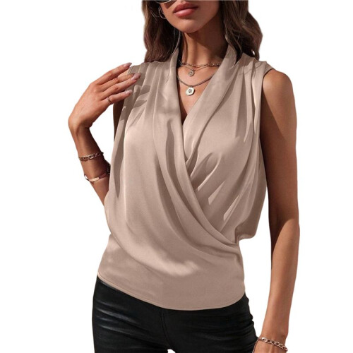 Blusa Regata Feminina Elegante de Cetim com Decote em V e Sem Mangas Champanhe L