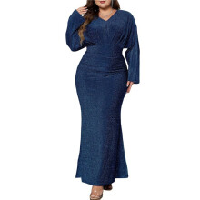 Abito da Sera da Donna con Paillettes, Manica Lunga, Scollo A V, Aderente, Lungo, Elegante, Taglie Forti Blu XL