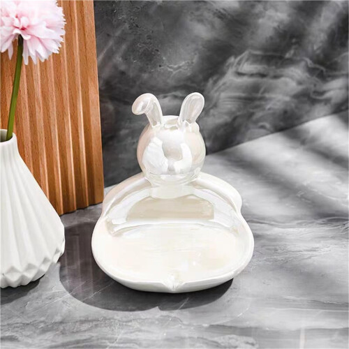 Silver Ceramic Soap Dish for Bathroom Countertop, Compact Drain Design, White and Silver Finish 2
