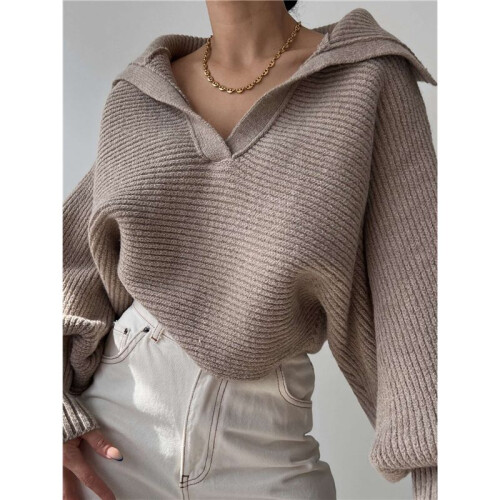 Women Long Sleeve Sweaters Oversized Stretch Fitted Pullover Sweater Ribbed Solid Color Knit Jumper Tops Khaki L 2