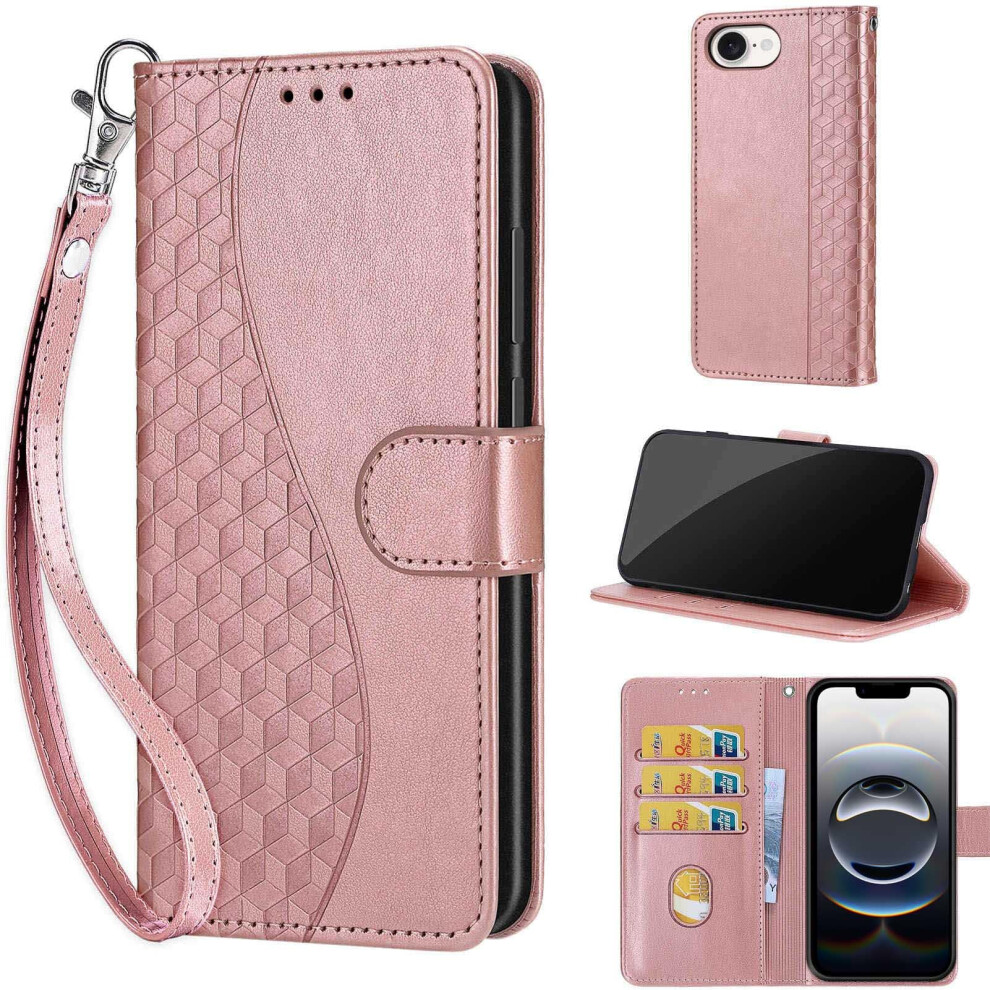Wallet Case For Iphone 16E Rose Pu Leather Flip Cover With Card Holder And Detachable Wrist Strap Gold 9310869817383