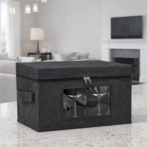 Wine Glass Storage Box with Lid, Hard Shell Stemware Storage Container with 12 Dividers, Glassware Packing Box 2