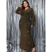 Women'S Holiday Evening Dress Glitter Long Sleeve V-Neck Slim Long Dress Formal Sequin Prom Gowns Size Gold XXL