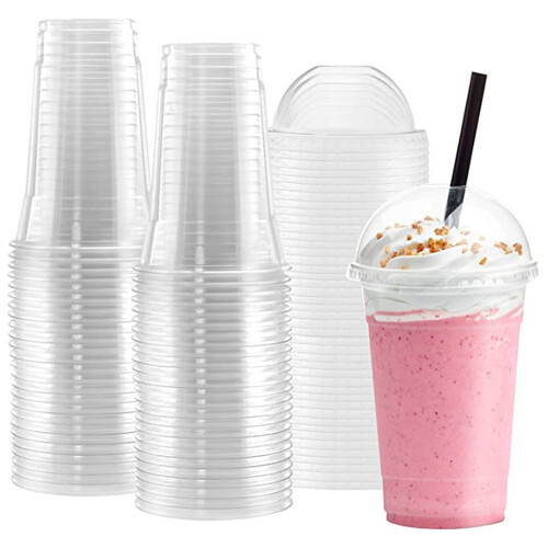 Pahare transparente din plastic de 450 ml cu capace tip cupolă – 100 seturi