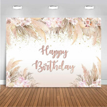 Boho Birthday Backdrop Pink Floral Pampas Grass