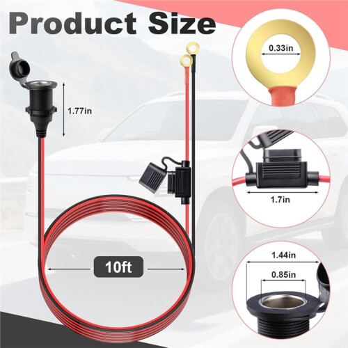 10 FT 12V Fixed Thread Power Outlet,Female Cigarette Lighter Socket, 12 AWG 12 Volt Power Supply Cigarette Lighter Plug 2
