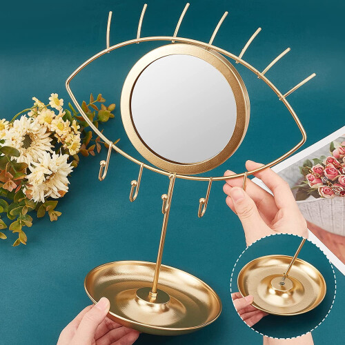 Gold Eye-Shaped Wooden Makeup Mirror with 5 Hooks 1
