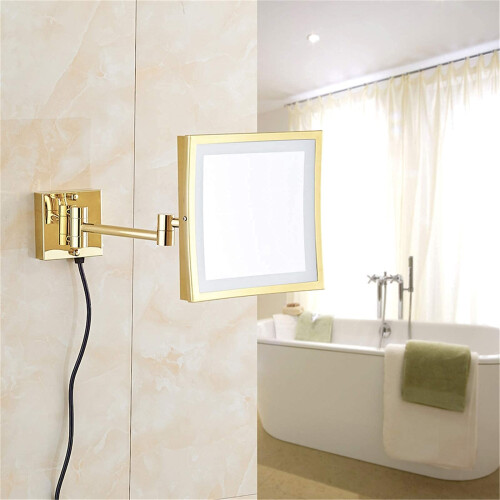 LED Wall Mounted Makeup Mirror 8 Inch 5X Magnification Gold Brass Extendable 360 Rotation Plug In 1