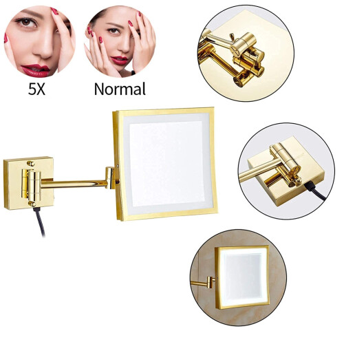 LED Wall Mounted Makeup Mirror 8 Inch 5X Magnification Gold Brass Extendable 360 Rotation Plug In 2