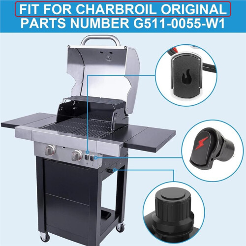 G511-0055-W1 Ignition Electronic Ignition Module & 2 Push Grill Igniters Button W/Wires for Charbroil Surefire 4 Outlets 1
