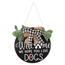 Welcome Sign Front Door Hanger Wreath with Bow Welcome We Hope You Like Dogs Farmhouse Round Hanging Flower Bow Decor