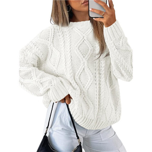 Women'S Oversized Cable Knit Crewneck Sweaters White XL