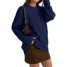 Women'S Oversized Cable Knit Crewneck Sweaters Navy  XXL