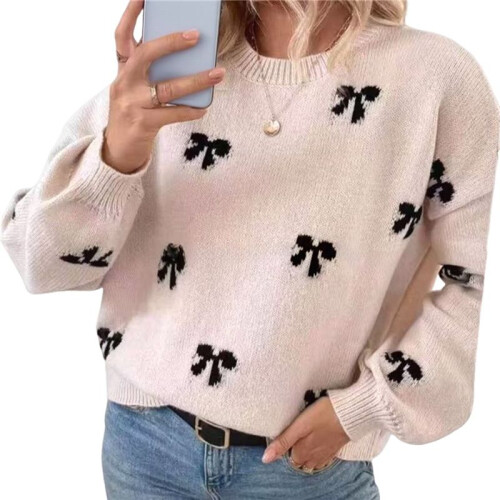 Damen-Pullover mit Y2K-Print, Rundhalsausschnitt, Lange Ärmel, Überschnittene Schultern, Strickpullover Khaki M