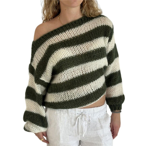 Damen Oversize-Pullover mit Streifen, Farbblock-Strick, Langarm-Sweatshirt, Lockerer Pullover, Y2K-Preppy-Pullover Armeegrün M