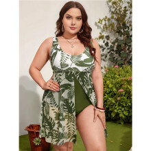 Women'S Size U Neck Printed Tummy Control Side Split Swim Dress 2025 Summer Tankini Swimsuits Green Flowers 4XL