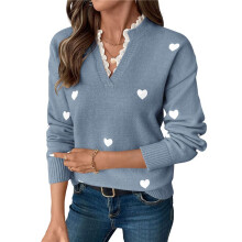 Süßer Pullover mit Herz-Print für Damen, V-Ausschnitt, Strickpullover mit Spitzenbesatz Blau M
