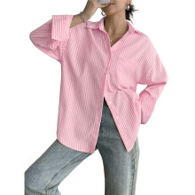 Chemises Boutonnées pour Femmes, Chemises Habillées à Rayures, Manches Longues, Revers, Chemises de Travail de Bureau, Hauts Poudre de Sakura XL