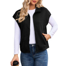Womens Vest Tops Zipper Cap Sleeve Side Pockets Waffle Knit Sleeveless Oversized Vests Black L